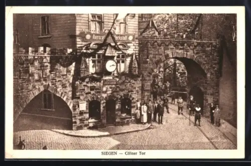 AK Siegen, Siebenhundertjahrfeier 1224-1924, Strasseneck am Cölner Tor mit Reparatur-Werkstatt