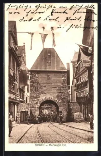 AK Siegen, Siebenhundertjahrfeier der Stadt Siegen 1924, Strassenpartie am Marburgertor mit Geschäften