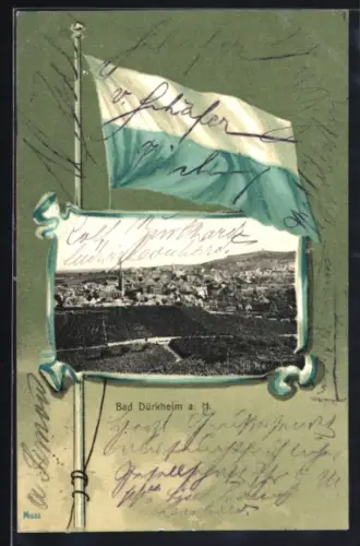 Lithographie Bad Dürkheim a. H., Teilansicht, Flagge, Passepartout