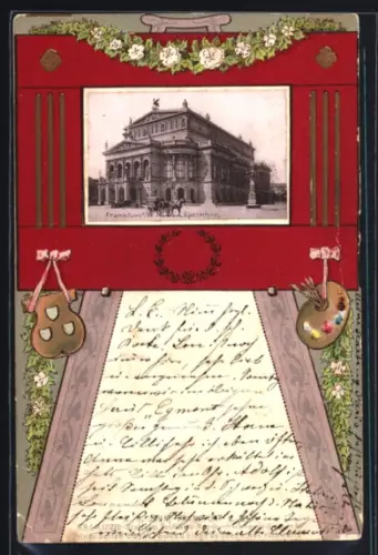 Lithographie Frankfurt a. M., Opernhaus in Staffelei, Passepartout
