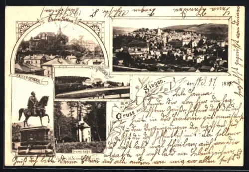 AK Siegen, Oberes Schloss, Eremitage, Kaiser-Denkmal