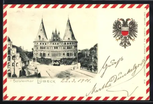 Lithographie Lübeck, Holstentor mit Strassenpartie, Doppelköpfiger Adler mit Wappen, Passepartout