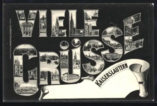 AK Kaiserslautern, Schriftzug Viele Grüsse mit Kirche, Denkmal und Strassenpartie