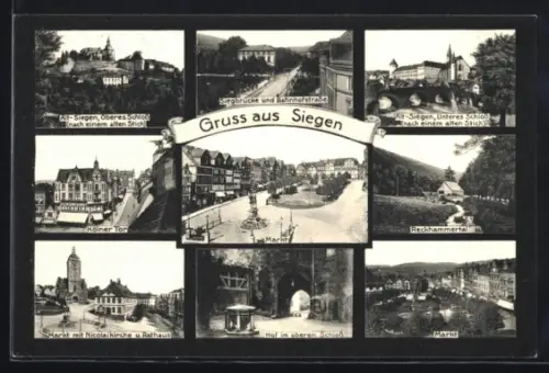 AK Siegen, Kölner Tor, Markt, Siegbrücke u. Bahnhofstrasse