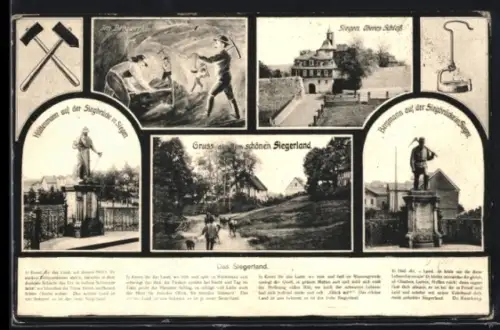 AK Siegen, Oberes Schloss, Bergmann auf der Siegbrücke, Hüttenmann