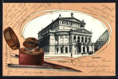Lithographie Frankfurt a. M., Opernhaus, Tintenfass mit Federhalter, Passepartout