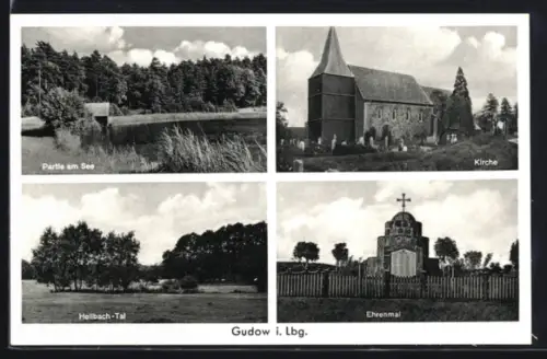 AK Gudow i. Lbg., Partie am See, Kirche, Ehrenmal, Hellbach-Tal