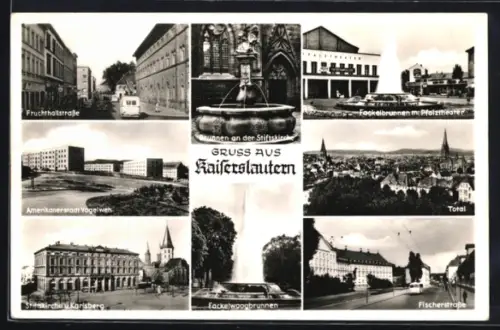 AK Kaiserslautern, Fruchthallstrasse, Fackelbrunnen, Stiftskirche u. Karlsberg