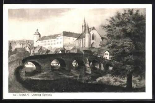 Künstler-AK Siegen, Unteres Schloss mit Brücke