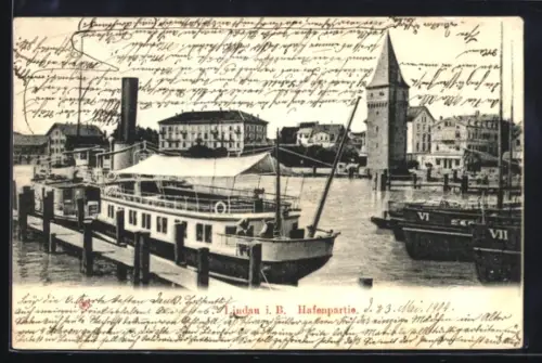 AK Lindau i. B., Hafenpartie mit Dampfer u. Turm