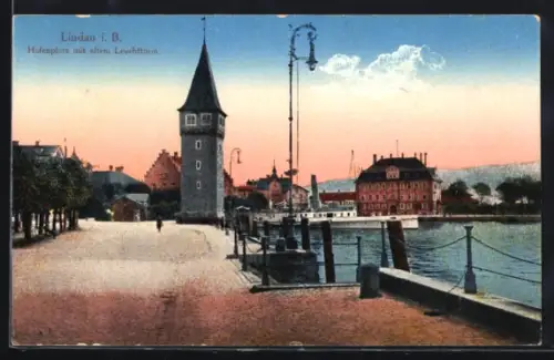 AK Lindau i. B., Hafenplatz mit altem Leuchtturm