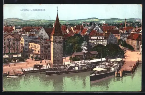 AK Lindau i. Bodensee, Hafen mit Turm und Dampfschiffen aus der Vogelschau