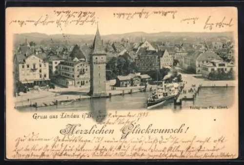AK Lindau i. B., Hafen, Turm, Dampfschiff, Ansicht aus der Vogelschau