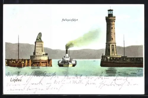 AK Lindau, Hafeneinfahrt, Leuchtturm, Löwenstatue