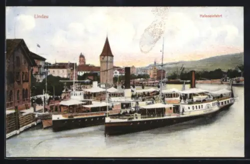 AK Lindau, Hafen mit Dampfer und Mangturm aus der Vogelschau