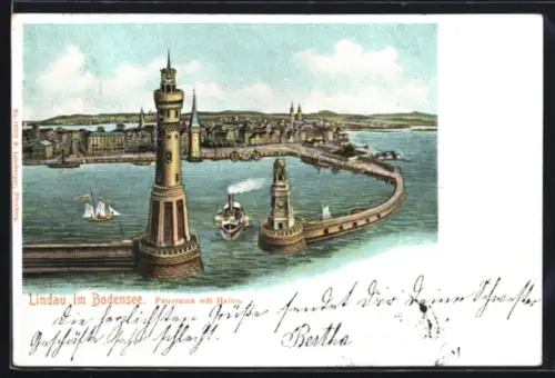 AK Lindau, Ortsansicht mit Hafen und Dampfschiff