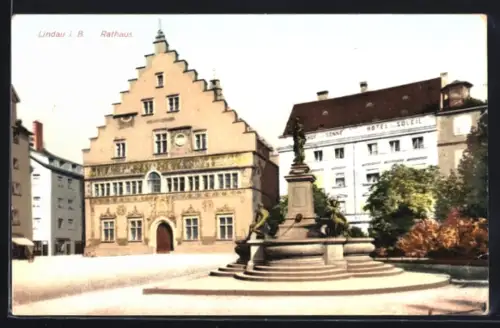 AK Lindau i. B., Hotel du Soleil und Rathaus mit Brunnen