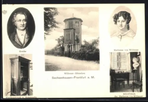 AK Sachsenhausen, Porträt Goethe u. Marianne von Willemer, Willemer-Häuschen, Aussen-u. Innenansichten