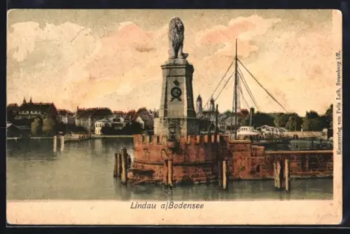 AK Lindau a. Bodensee, Hafen mit Löwendenkmal