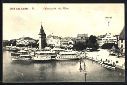 AK Lindau i. B., Hafenpartie mit Hotel und Dampfer Helvetia
