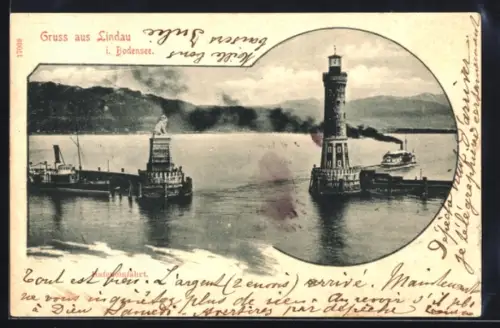 AK Lindau i. Bodensee, Hafeneinfahrt mit Leuchtturm