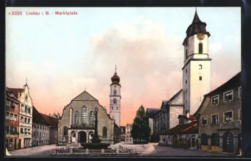 AK Lindau i. B., Marktplatz mit Gasthaus und Brunnen