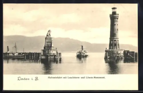 AK Lindau i. B., Hafeneinfahrt mit Leuchtturm und Löwen-Monument