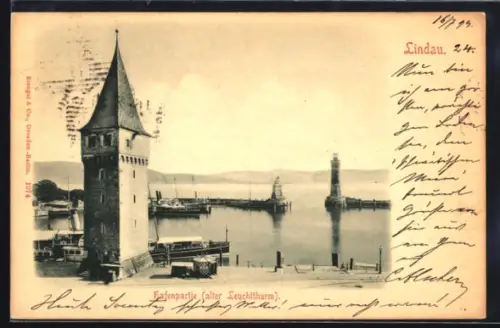 AK Lindau, Hafenpartie mit altem Leuchtturm