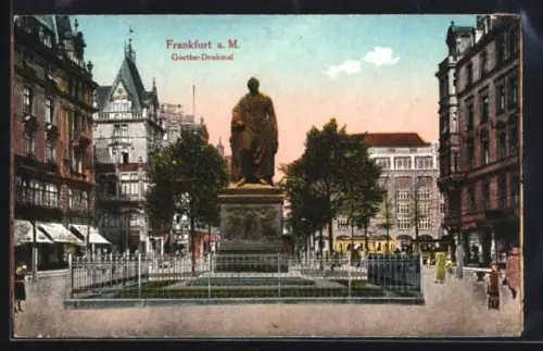 AK Frankfurt a. M., Goethe-Denkmal mit Strassenbahn