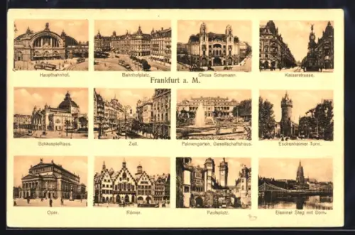 AK Frankfurt a. M., Hauptbahnhof, Römer, Eiserner Steg mit Dom, Eschenheimer Turm, Bahnhofplatz