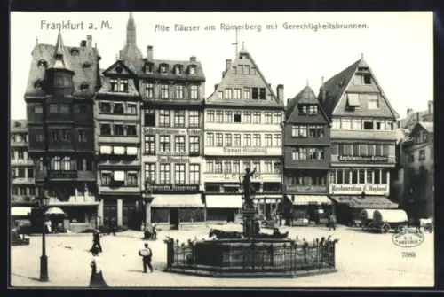 AK Alt-Frankfurt, Alte Häuser am Römerberg mit Geschäften und Gerechtigkeitsbrunnen