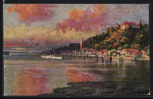 Künstler-AK Lauenburg /Elbe, Uferpartie mit Kirche