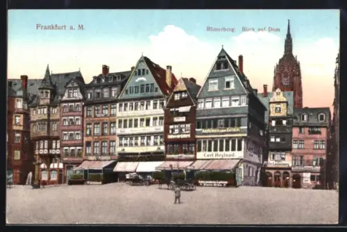 AK Alt-Frankfurt, Ortspartie am Römerberg mit Blick auf Dom