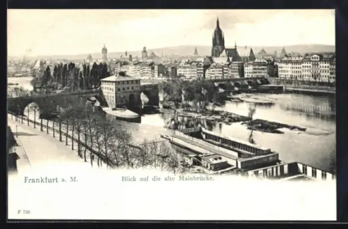 AK Frankfurt a. M., Alte Mainbrücke, Im Hintergrund Kirche