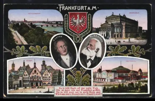 AK Frankfurt a. M., Totalansicht, Opernhaus, Römer, Festhalle, Goetheportrait und Fr. Stoltze
