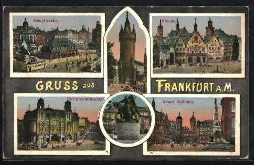 AK Frankfurt, Hauptwache, Römer, Neues Rathaus, Schumanntheater