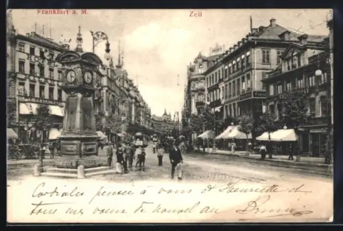 AK Frankfurt a. M., Zeil mit Cafe-Restaurant und Uhrturm