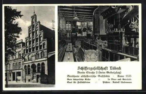 AK Lübeck, Schiffergesellschaft, Aussen- und Innenansicht des Gasthauses, Breite Strasse 2