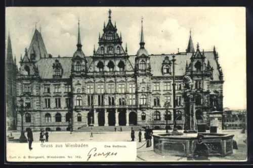 AK Wiesbaden, Rathaus mit Brunnen