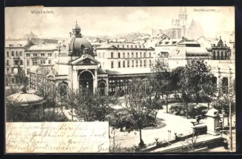 AK Wiesbaden, Kochbrunnen mit Kirche