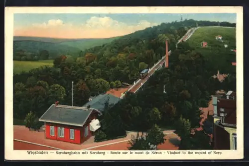 AK Wiesbaden, Talstation der Nerobergbahn mit Blick auf den Neroberg
