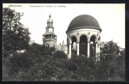 AK Wiesbaden, Aussichtsturm & Tempel auf dem Neroberg