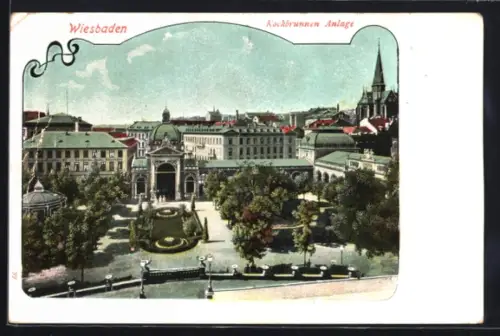 AK Wiesbaden, Kochbrunnen-Anlage mit Kirche