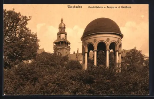 AK Wiesbaden, Aussichtsturm und Tempel auf dem Neroberg