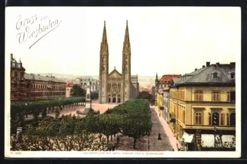 AK Wiesbaden, Louisenplatz mit Kath. Kirche und K. Gymnasium