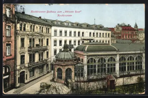 AK Wiesbaden, Kochbrunnen-Badhaus und Privat-Hotel zum Weissen Ross