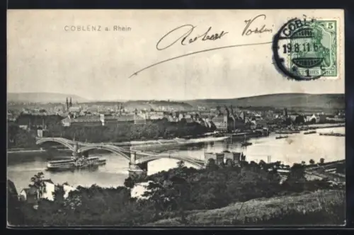 AK Coblenz a. Rhein, Teilansicht mit Brücke