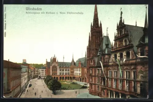 AK Wiesbaden, Rathaus und Neue Töchterschule am Schlossplatz