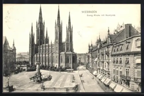 AK Wiesbaden, Marktplatz mit ev. Kirche