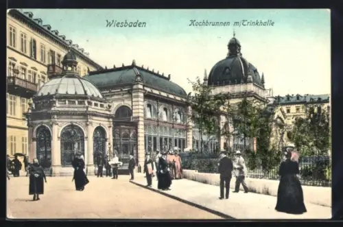 AK Wiesbaden, Kochbrunnen mit Trinkhalle